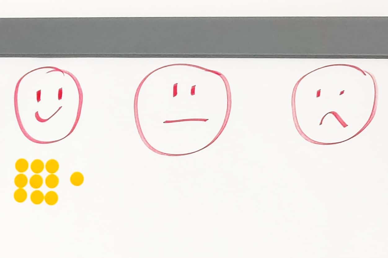 Blurred close-up of overlapping yellow, orange, and pastel sticky notes with handwritten messages.